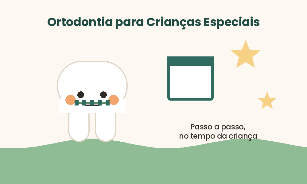 Ilustração animada de dente com aparelho ortodôntico e calendário, representando o acompanhamento gradual da ortodontia para crianças especiais